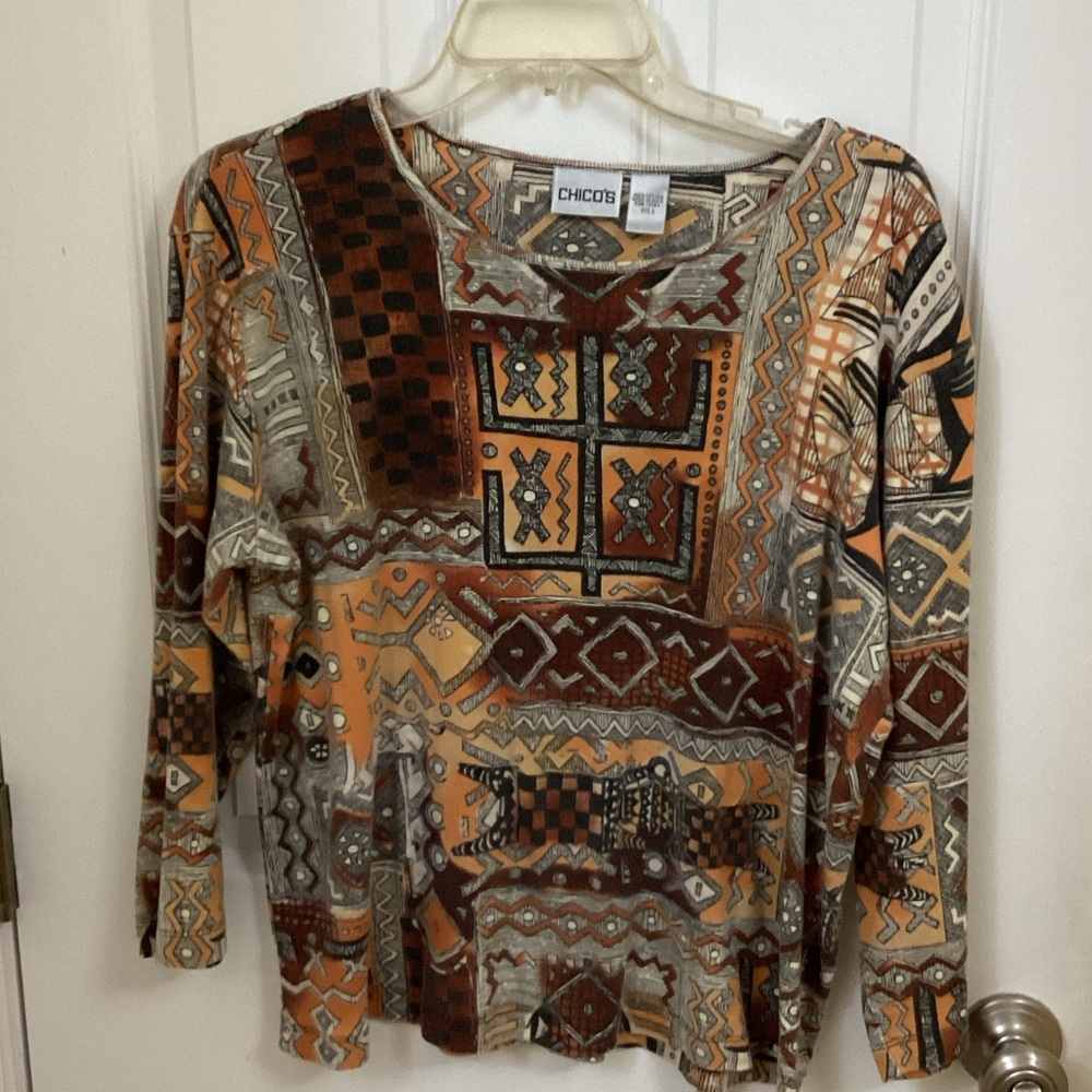 Chico's Multicolor Tribal-Print Long Sleeve Top - Rust, Beige, Gray